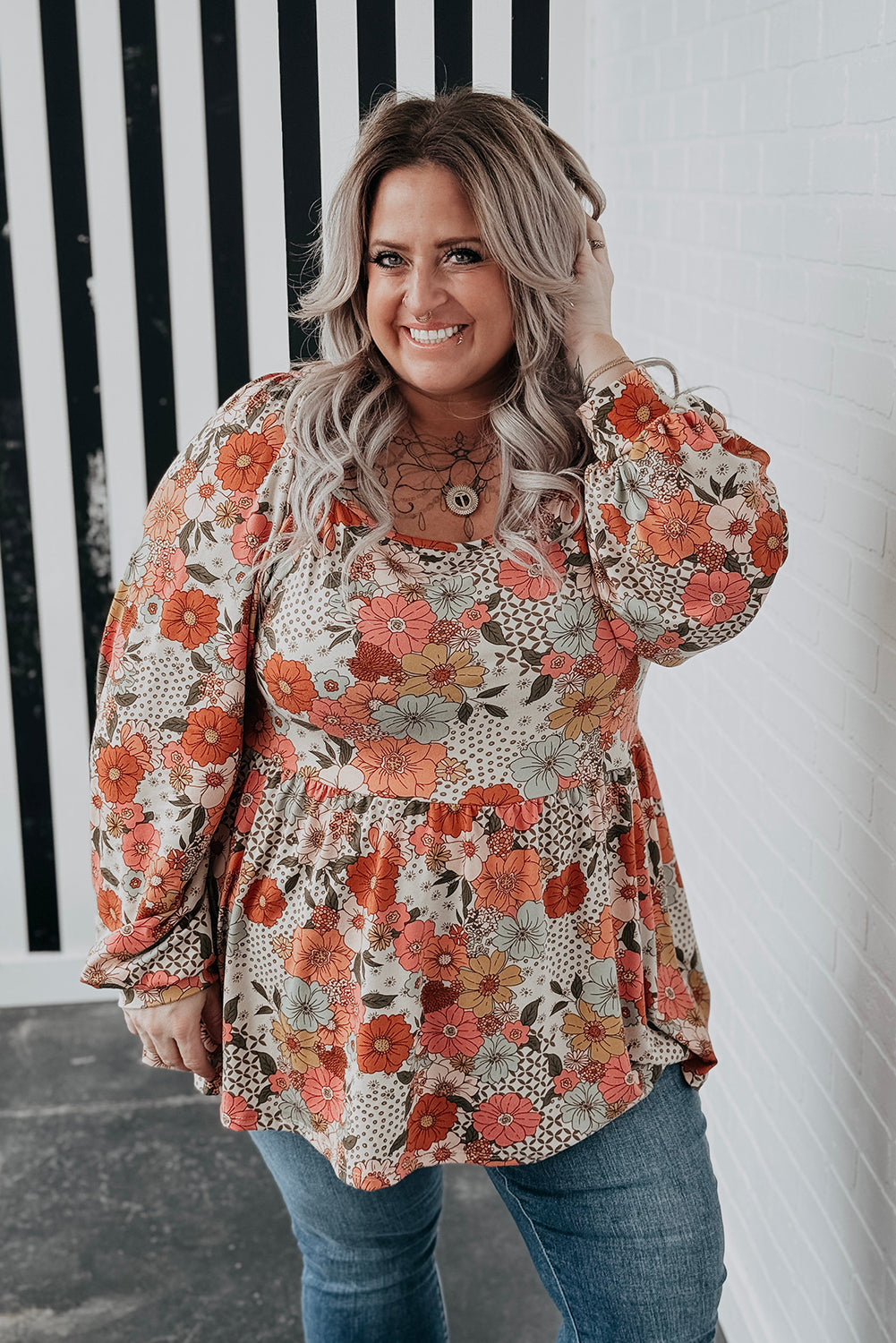 Khaki Plus Size Flower Print Square Neck Peplum Blouse