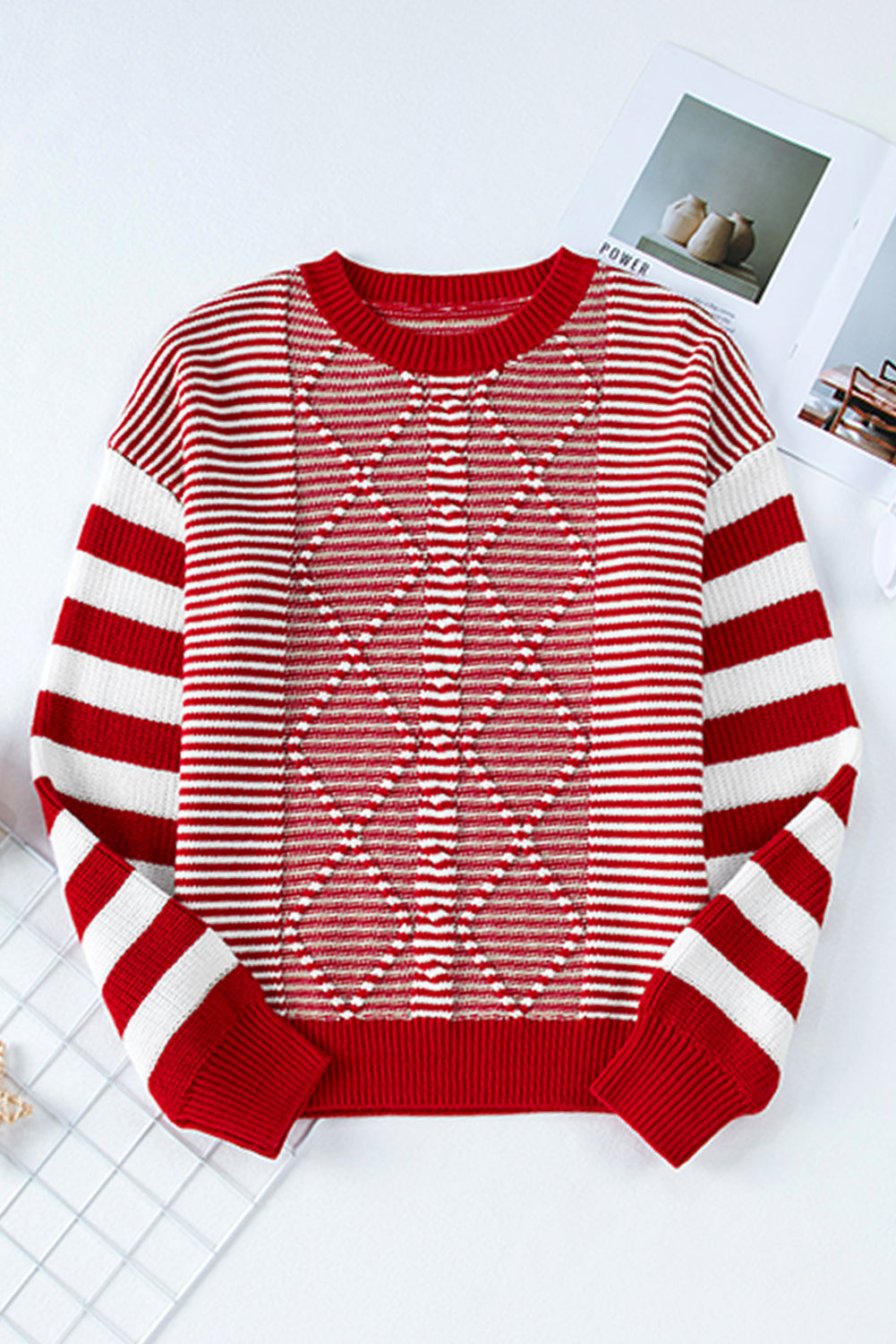 Stripe Twisted Knitted Drop Shoulder Sweater