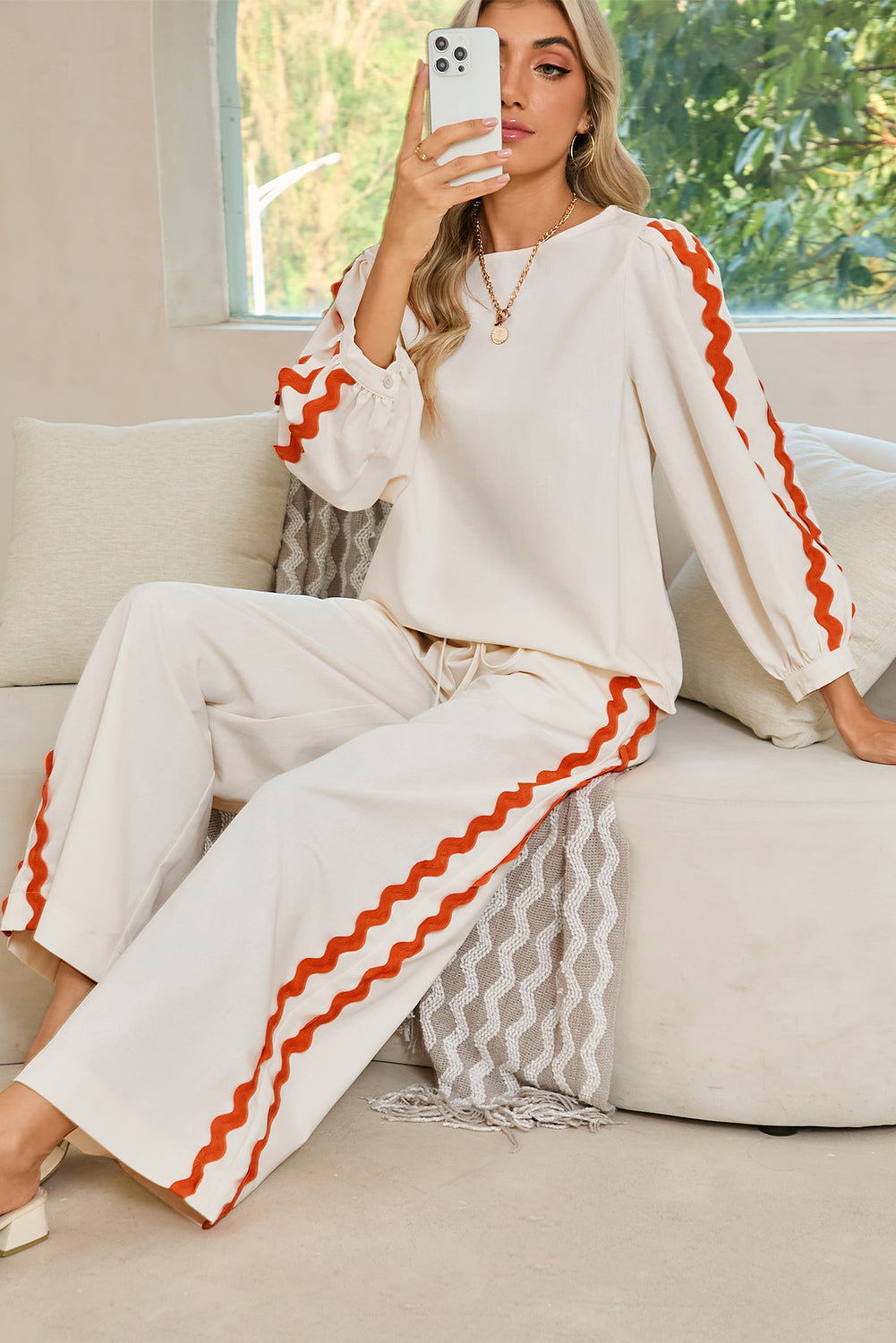 White Ric Rac Trim Long Sleeve Top and Wide Leg Pants Set