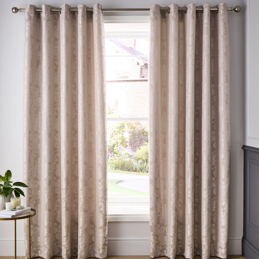 Damask Jacquard Lined Eyelet Curtains in Champagne Gold by Catherine Lansfield