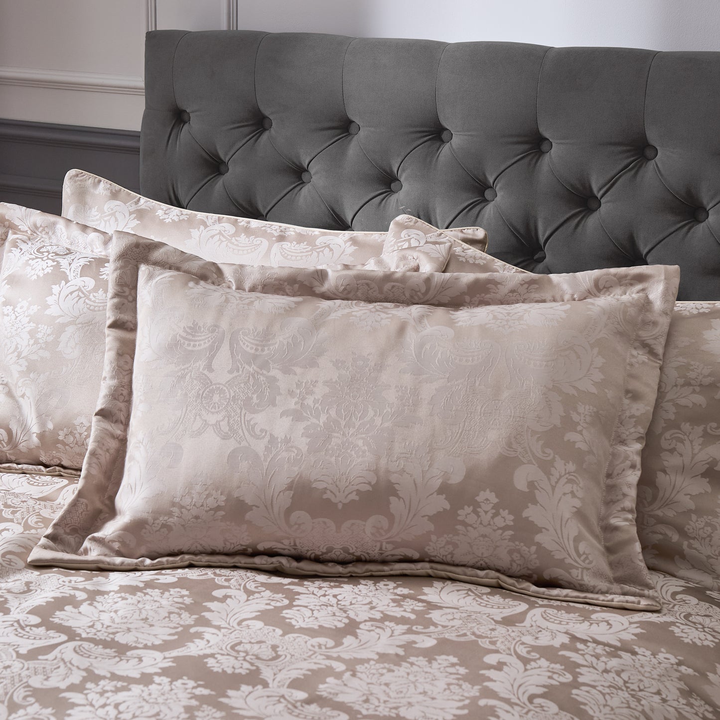 Damask Jacquard Quilted Pillow Sham Pair in Champagne Gold by Catherine Lansfield