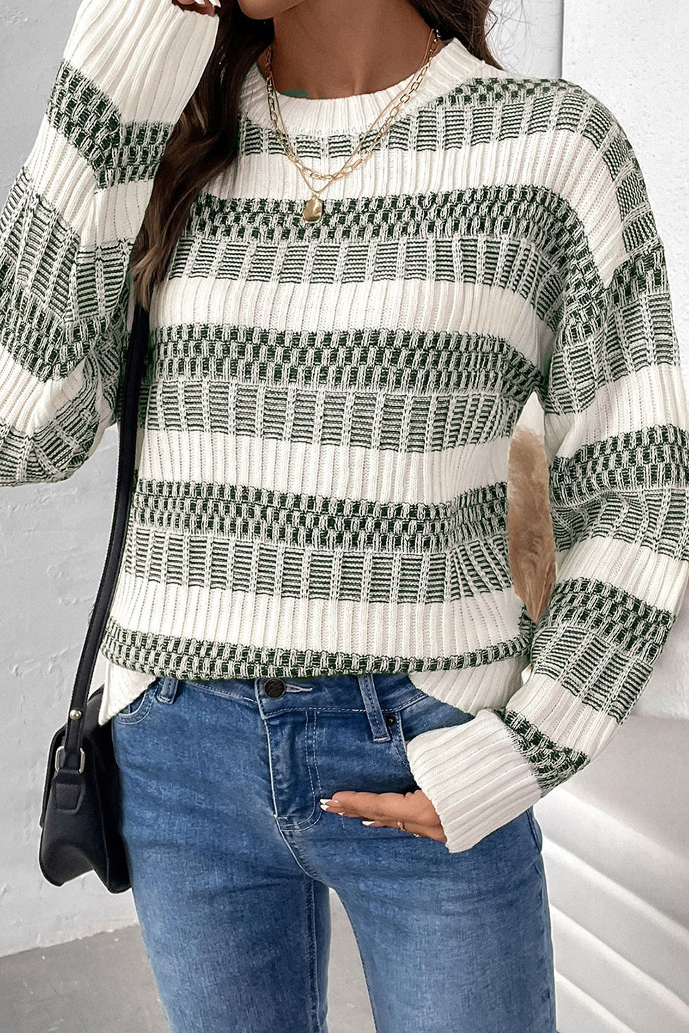 Blackish Green Casual Striped Clashing Sweater