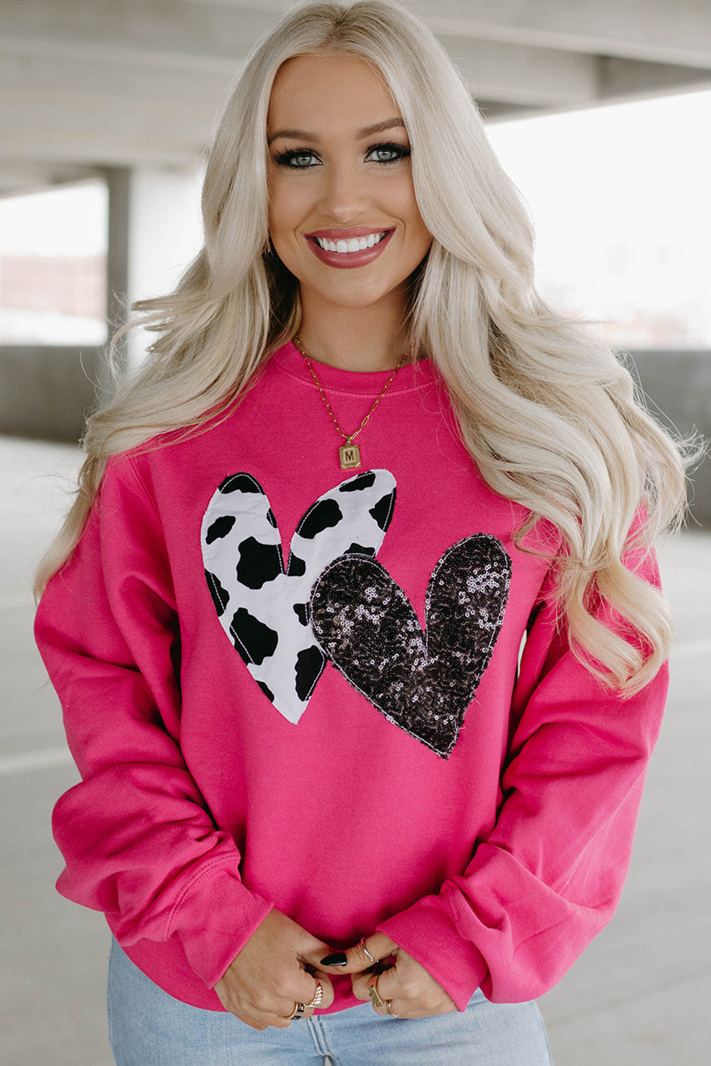 Strawberry Pink Sequins Heart Patch Graphic Sweatshirt