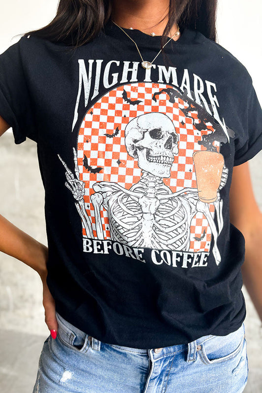 Black Nightmare Before Coffee Letter Print Graphic Tee