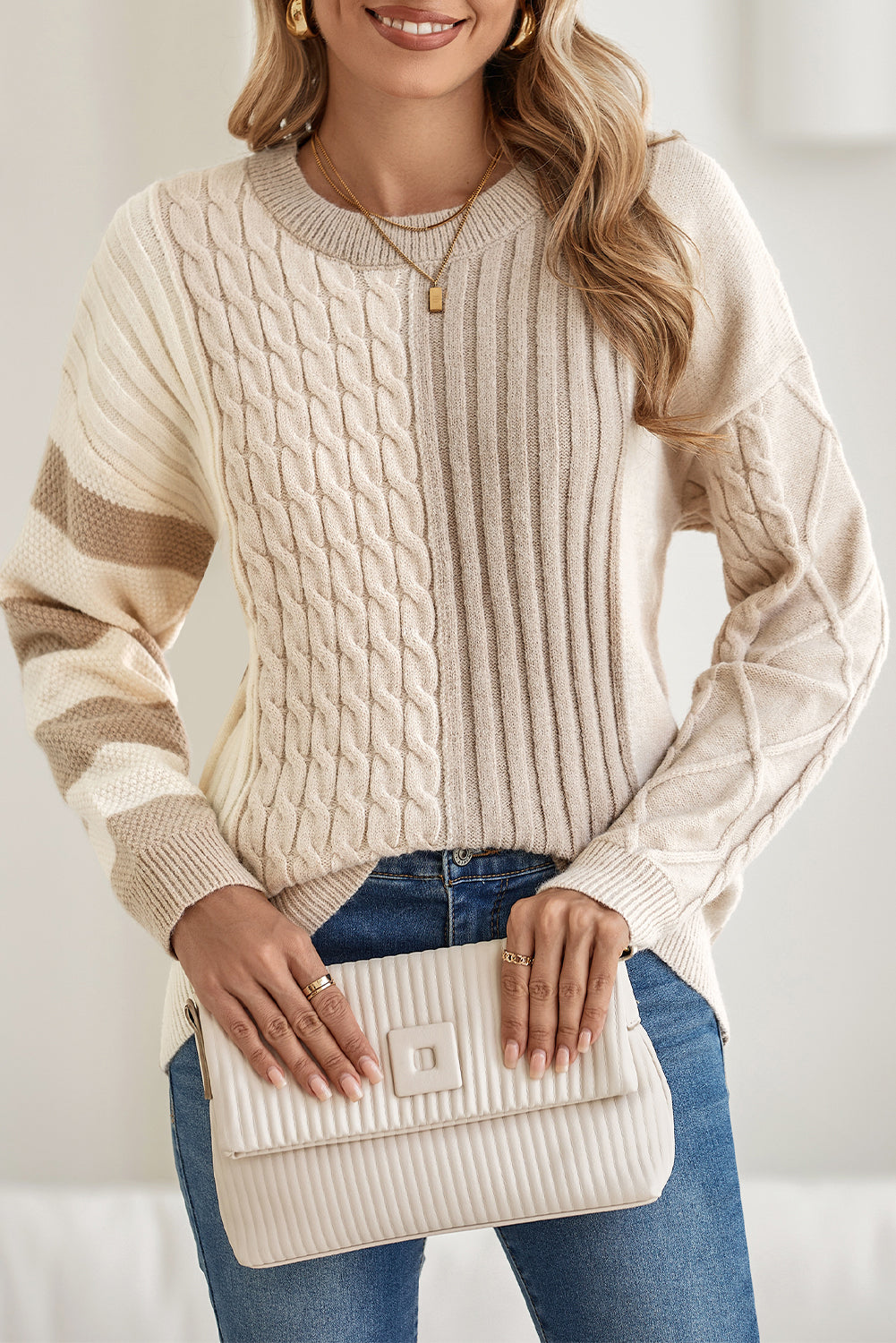 Khaki Cable Knit Colourblock Crew Neck Drop Shoulder Sweater