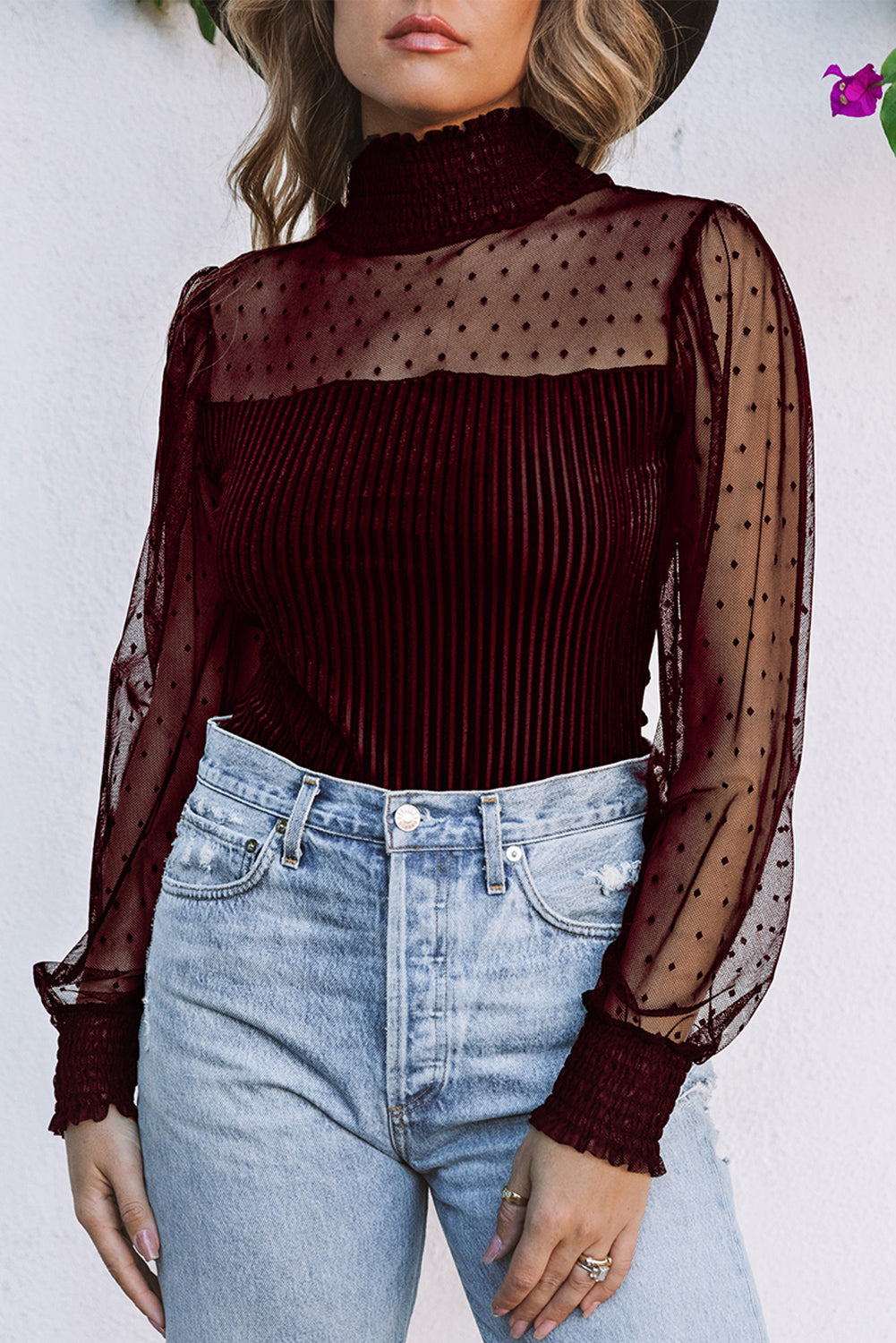 Sexy Sheer Dotty Puff Sleeve Ribbed Velvet Bodysuit