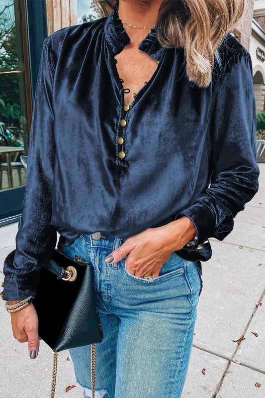 Frilled Buttoned V Neck Velvet Blouse