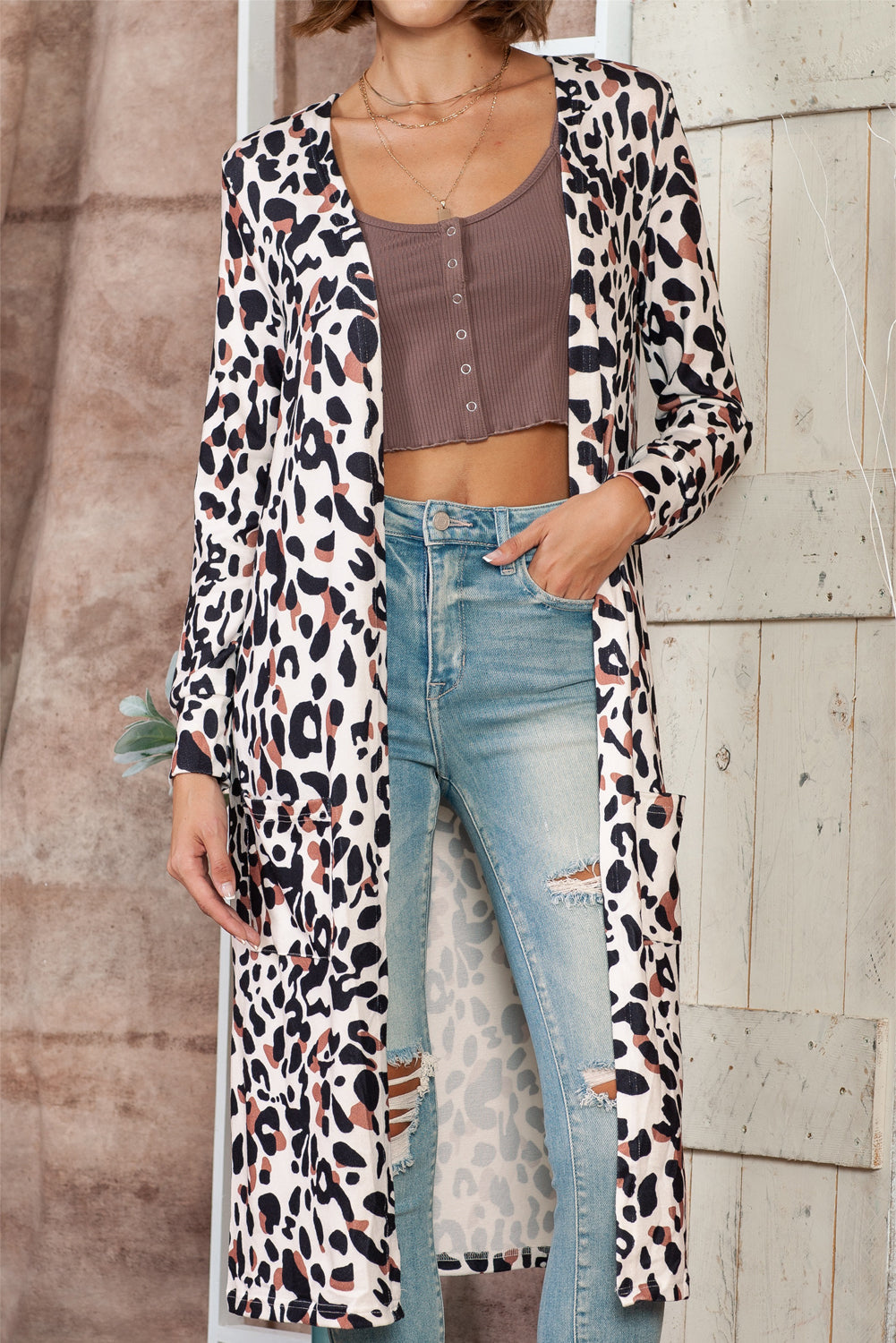 Leopard Side Pocket Open Front Duster Cardigan