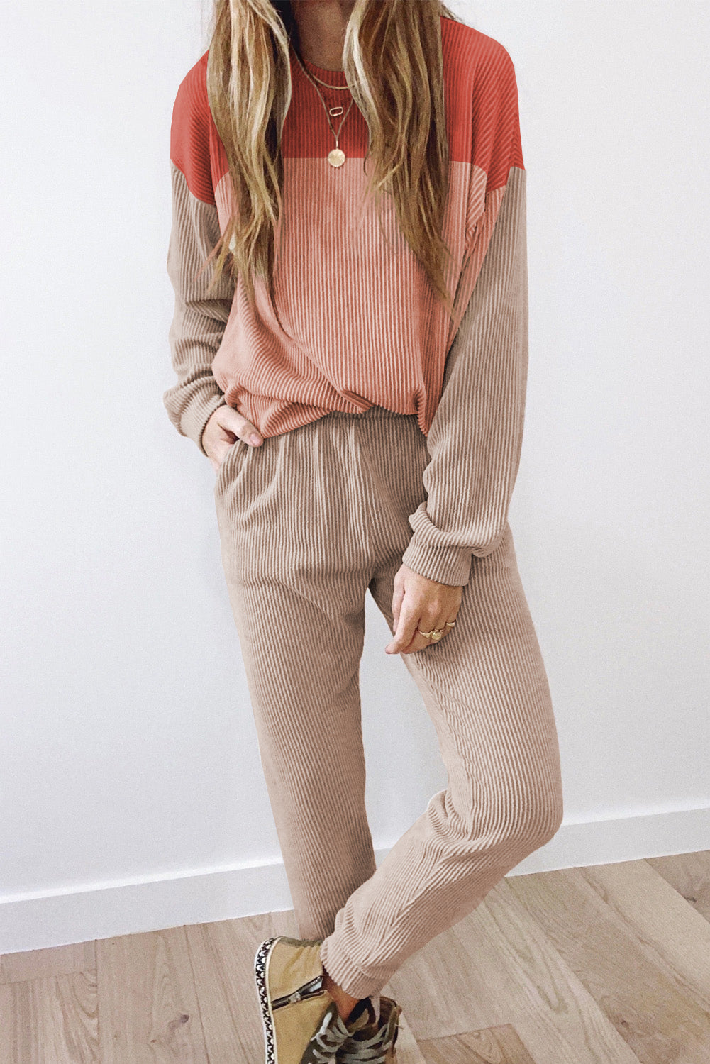 Colorblock Corded Slouchy Top and Pants Set