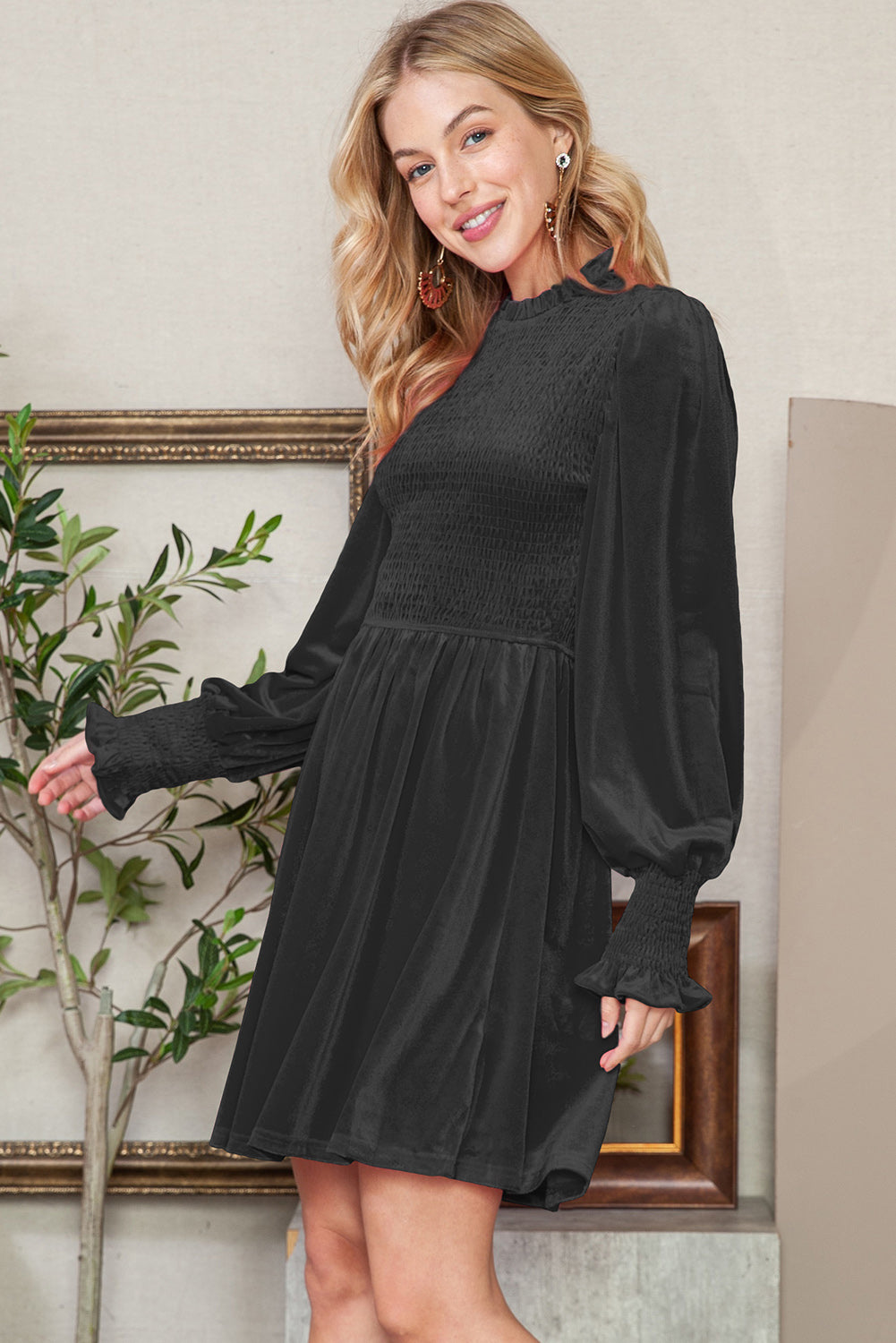 Smocked Lantern Sleeve Frilled Velvet Dress