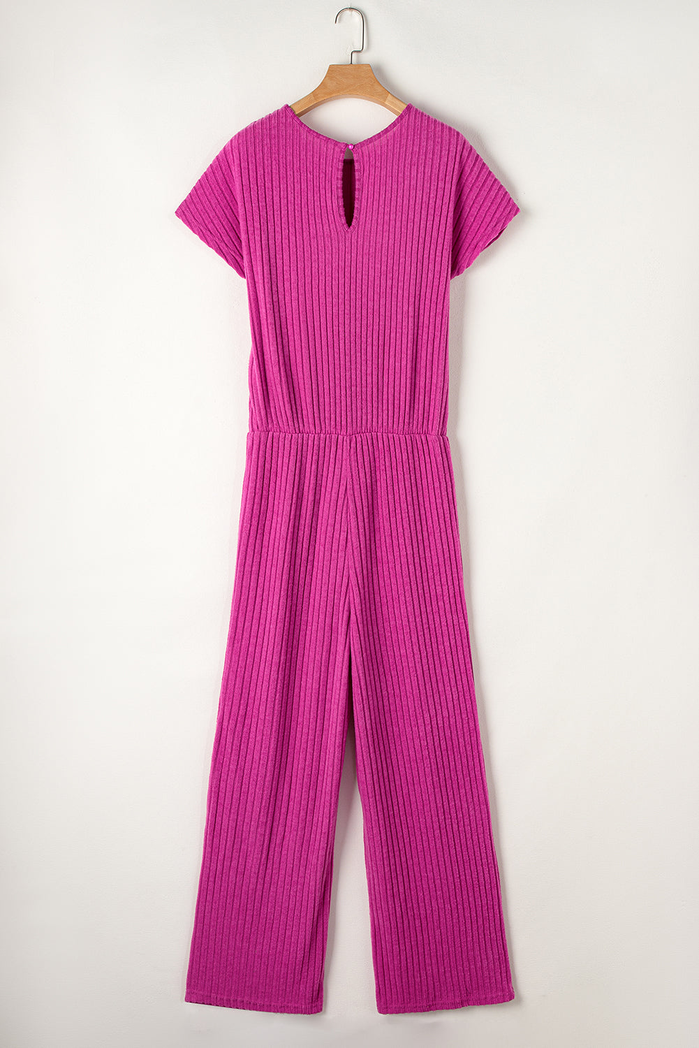 Solid Color Ribbed Short Sleeve Wide Leg Jumpsuit