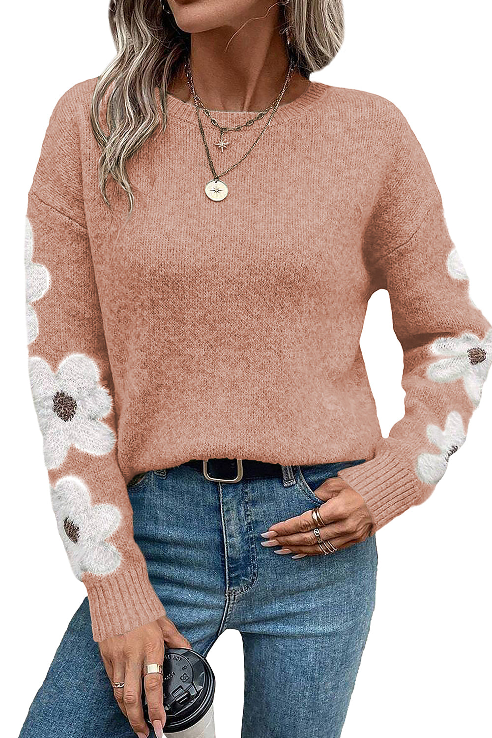 Light Grey Flower Sleeve Drop Shoulder Sweater