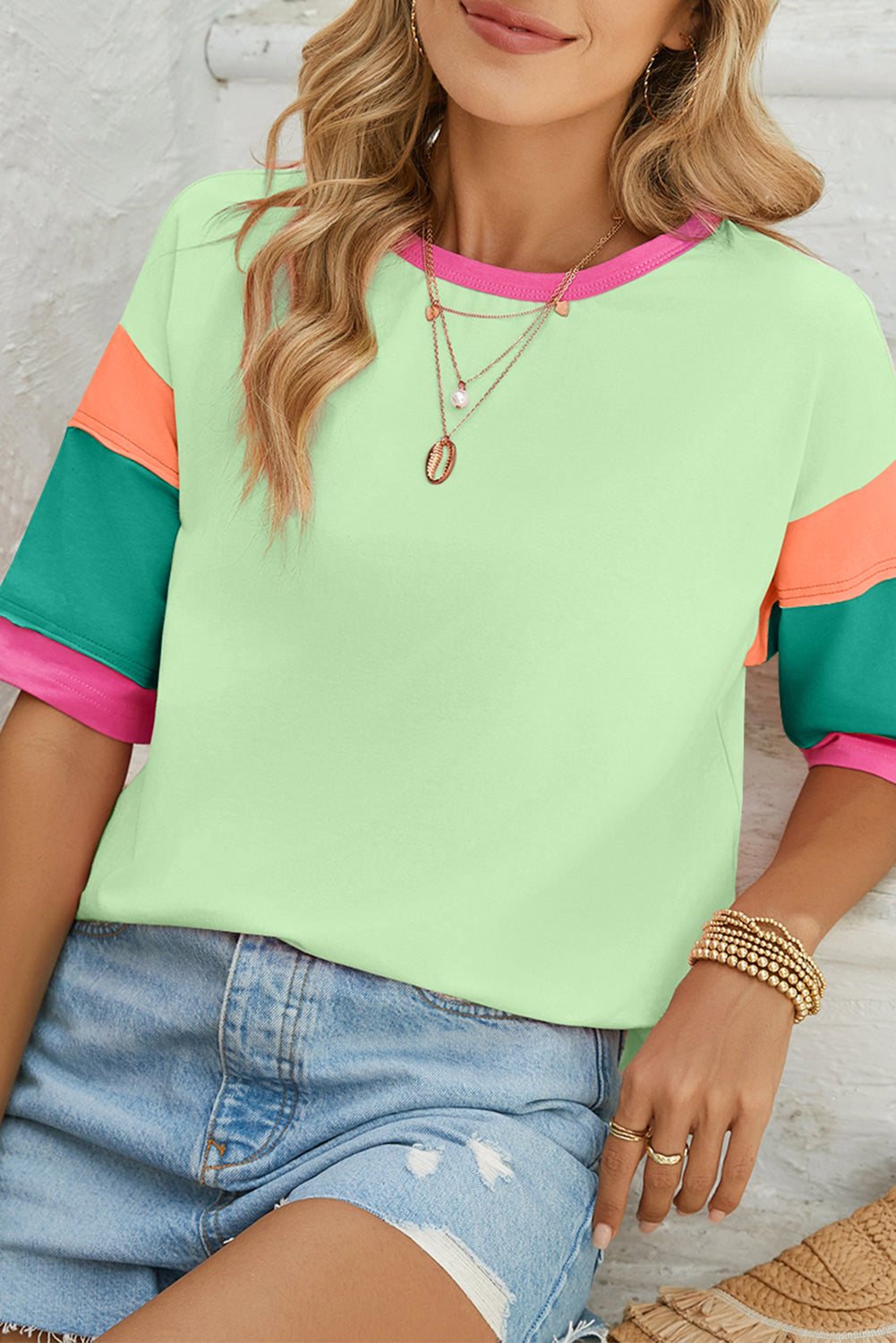 Color Block Sleeve Round Neck Oversize Top