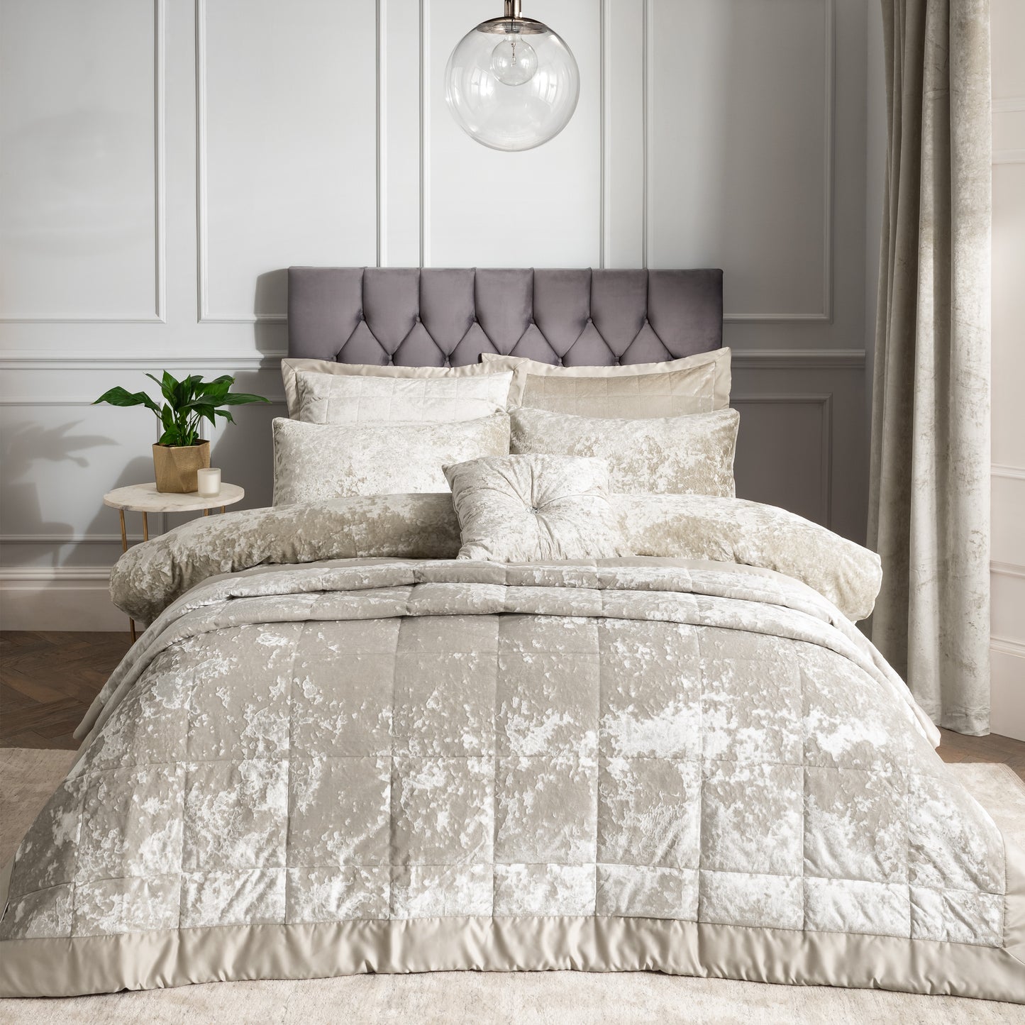 Crushed Velvet Quilted Bedspread in Natural by Catherine Lansfield