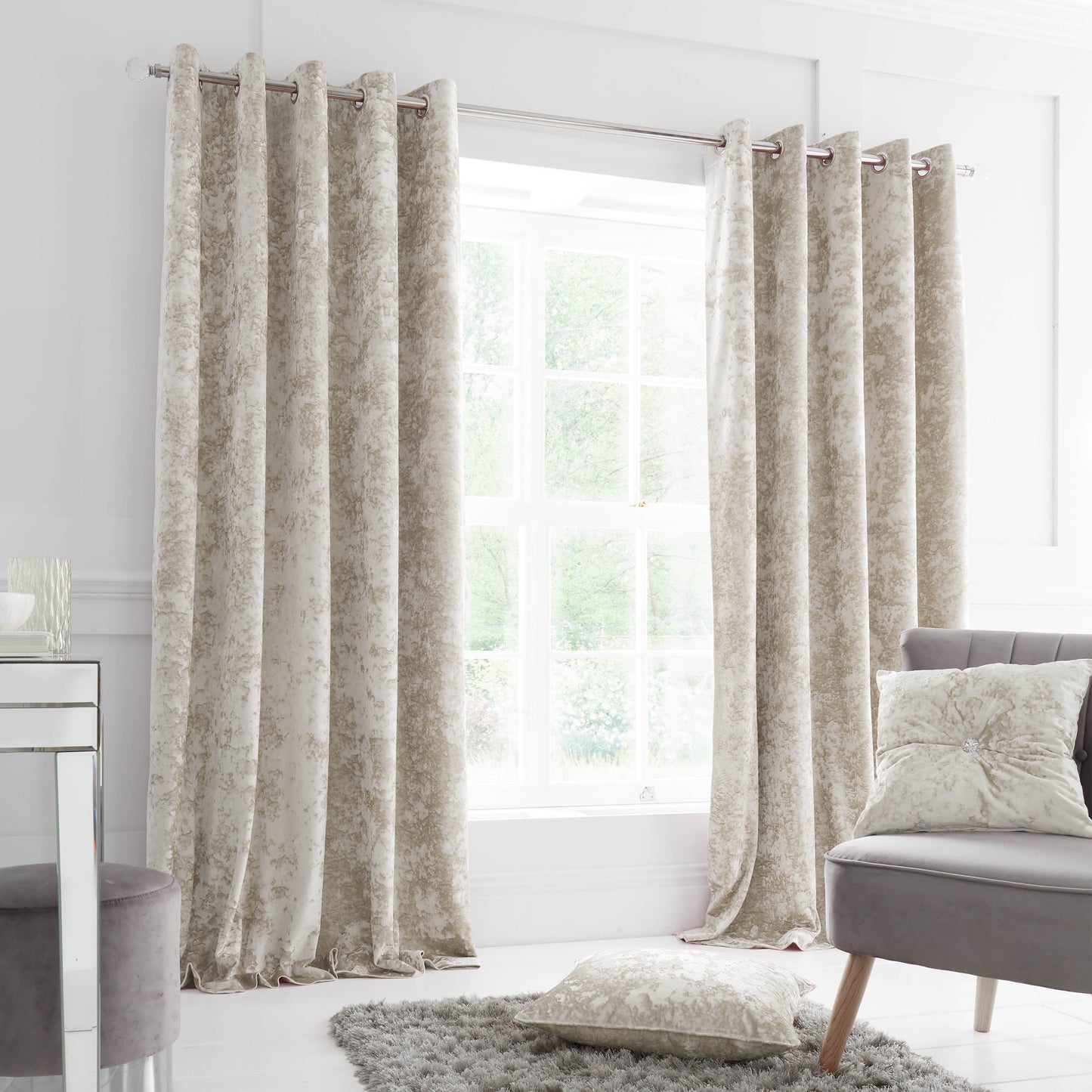 Crushed Velvet Lined Eyelet Curtains in Natural by Catherine Lansfield