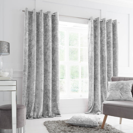 Crushed Velvet Eyelet Curtains in Silver by Catherine Lansfield