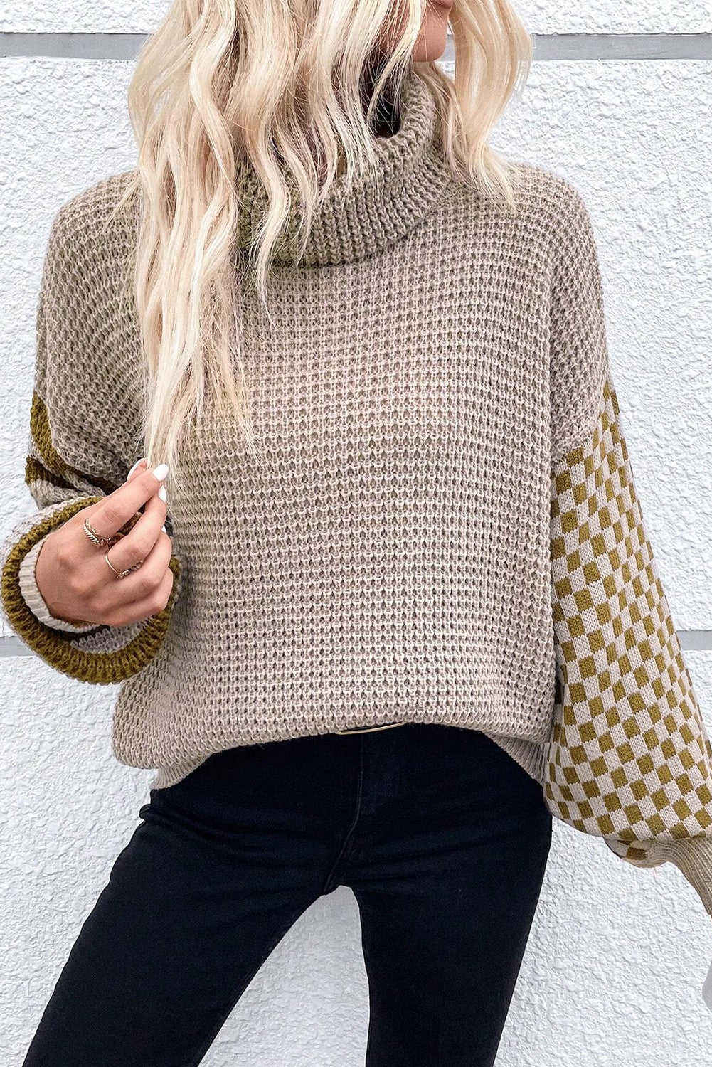 Smoke Striped Plaid Patchwork Waffle Knit Turtleneck Sweater