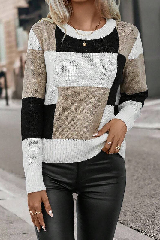 Black Checkered Colourblock Round Neck Knit Sweater