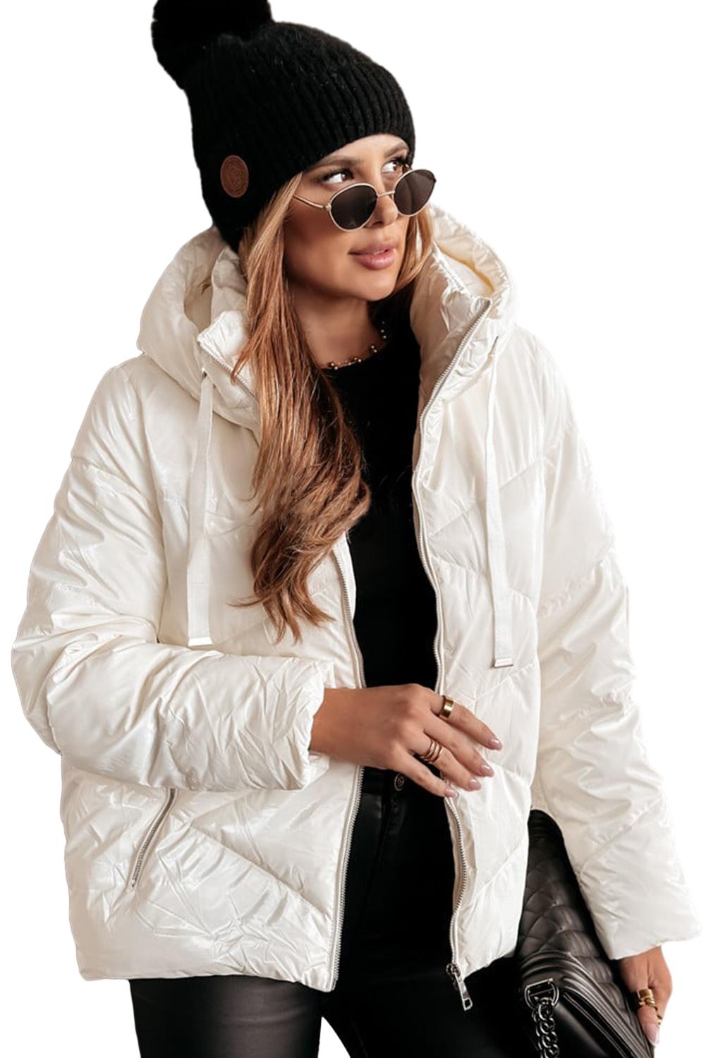 White Solid Quilted Hooded Zip Up Puffer Coat