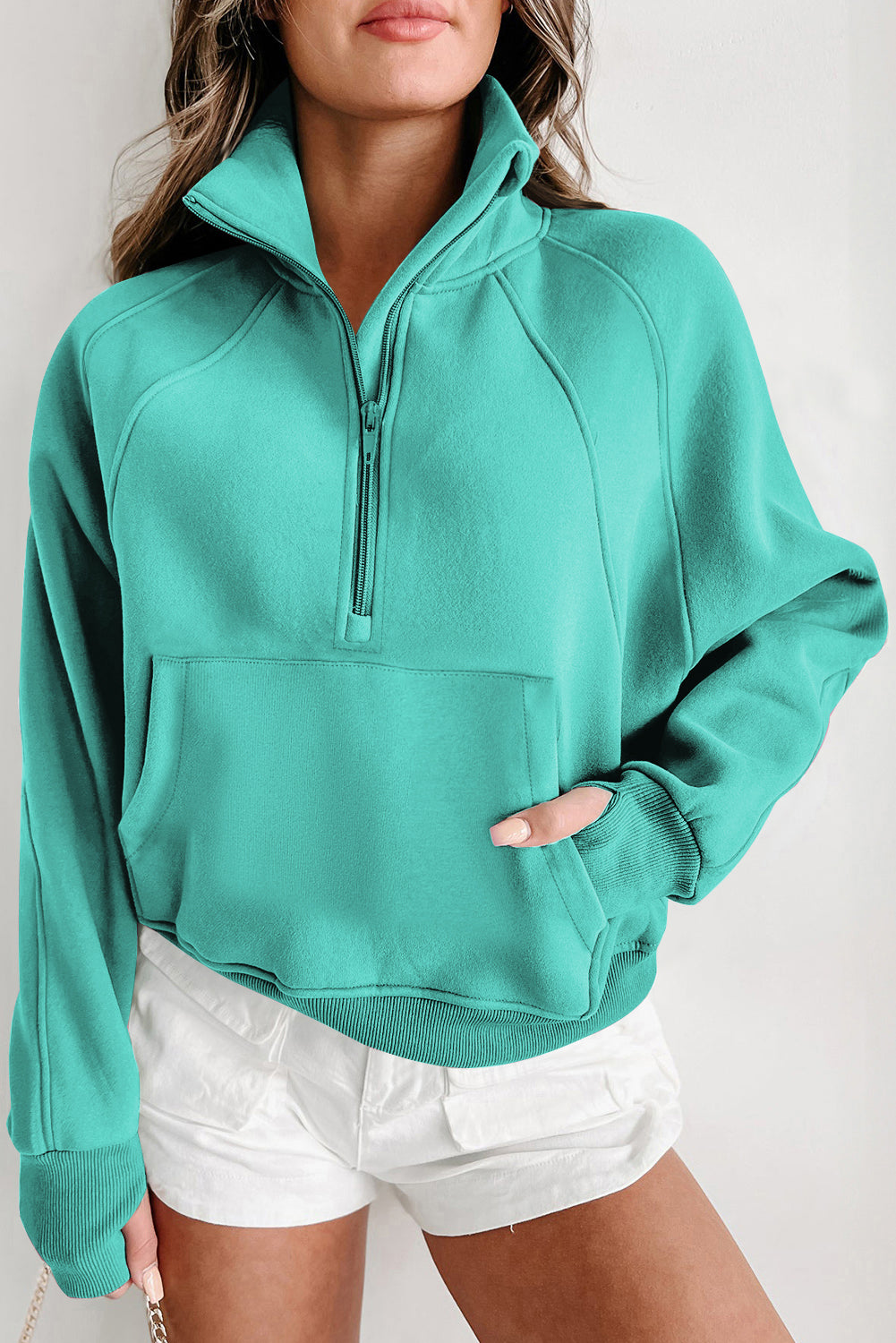 Zip Up Stand Collar Ribbed Thumbhole Sleeve Sweatshirt - 12 Colours Available