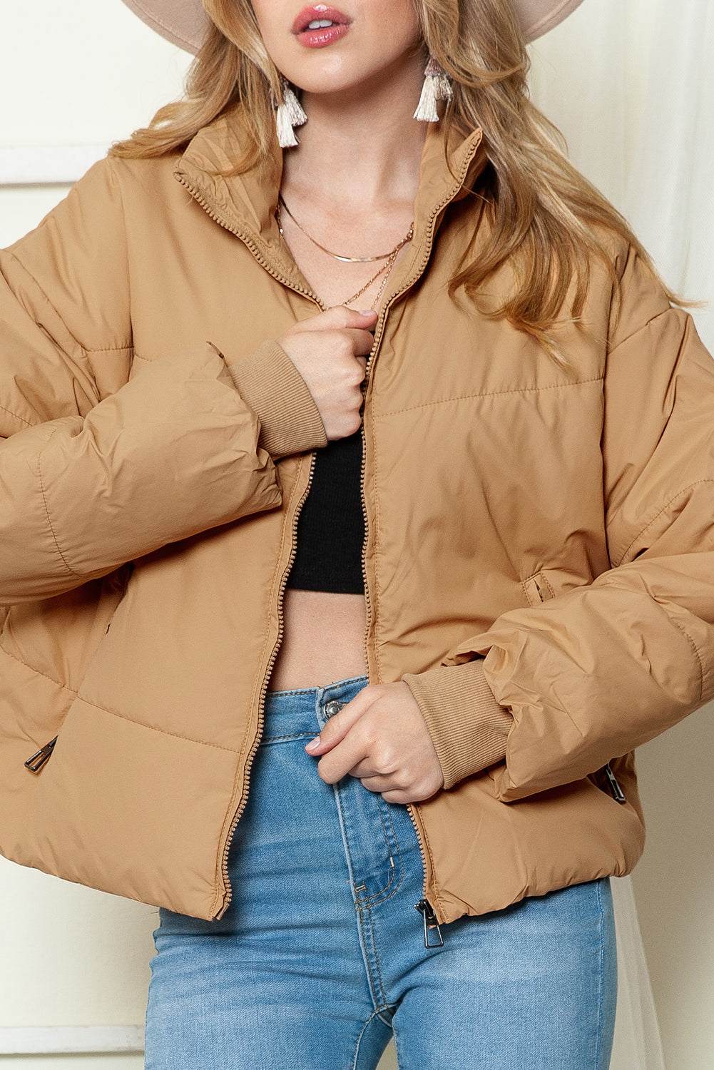 Solid Zip Up Pocketed Puffer Coat