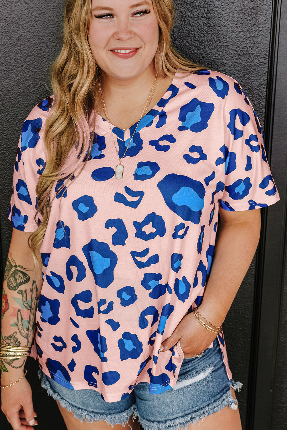 Leopard Print V Neck Plus Size Tee