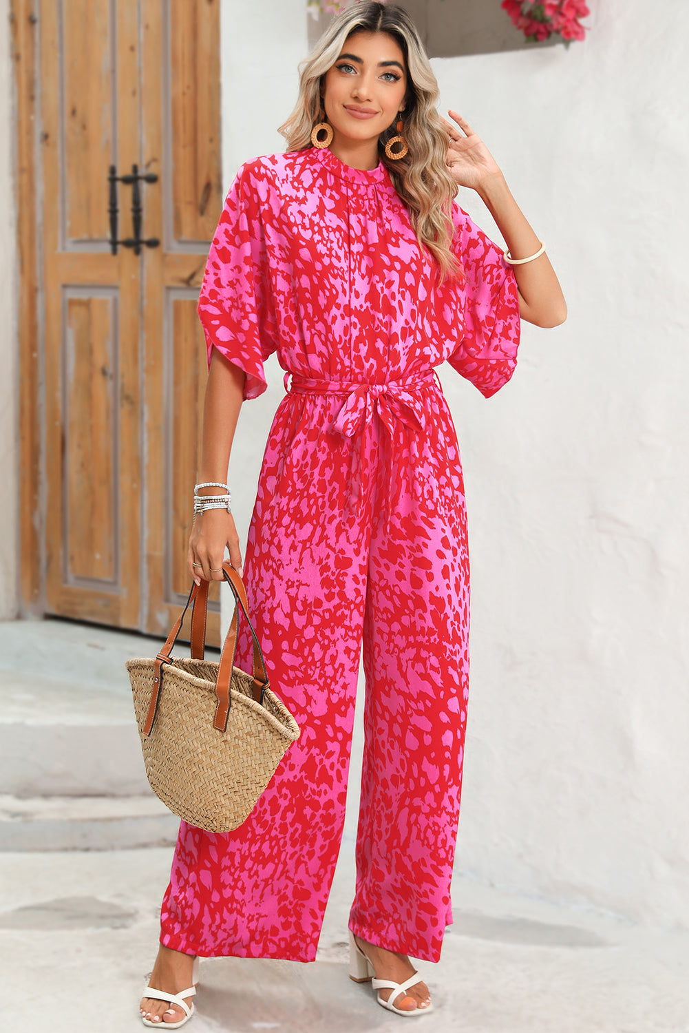 Rose Leopard Print Tulip Sleeve Belted Wide Leg Jumpsuit