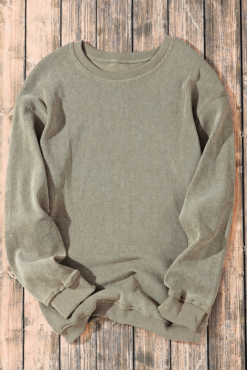 Solid Ribbed Round Neck Pullover Sweatshirt