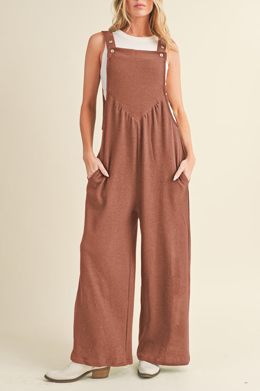 Buttoned Straps Ruched Wide Leg Jumpsuit