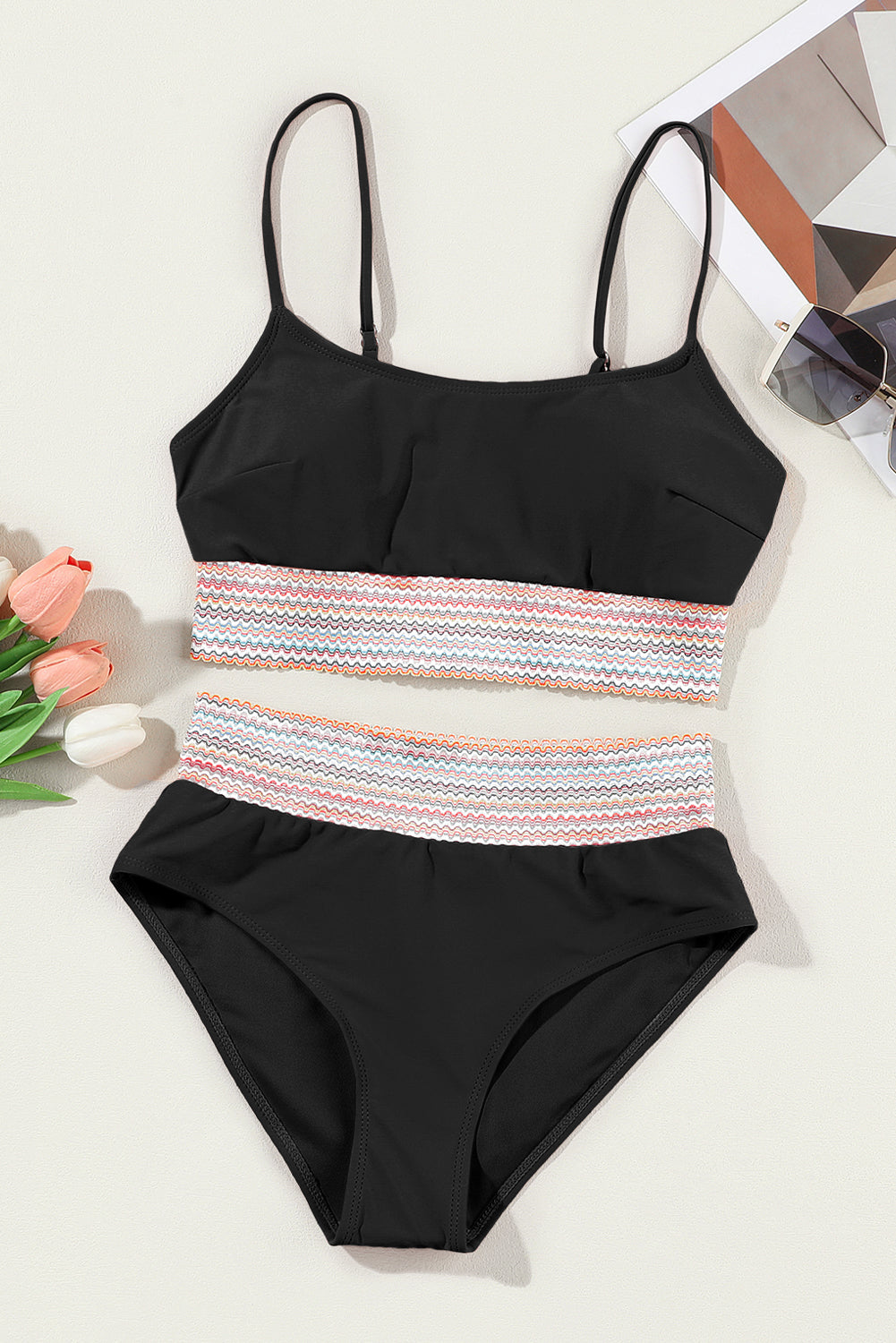 Striped Patchwork Spaghetti Strap High Waist Bikini Set