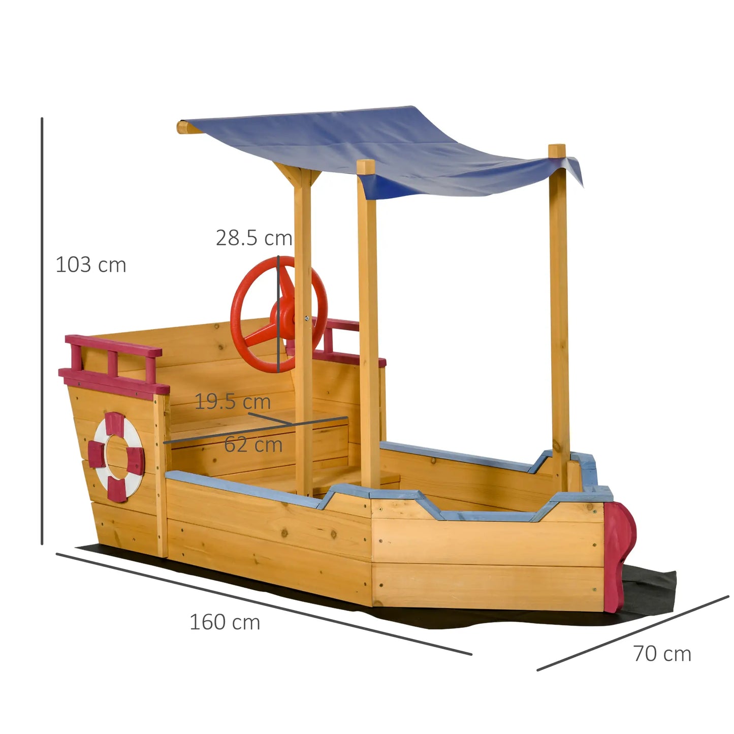 Kids Pirate Ship Wooden Sand Pit with Canopy Shade