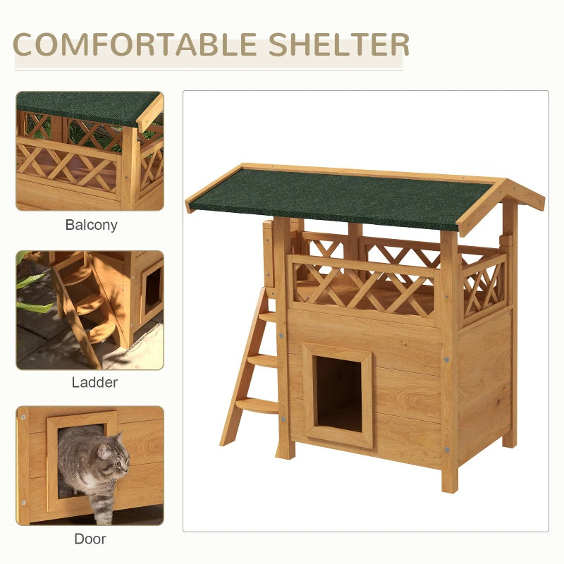 Cat House Outdoor w/ Balcony Stairs Roof, 77 x 50 x 73 cm, Natural Wood Finish