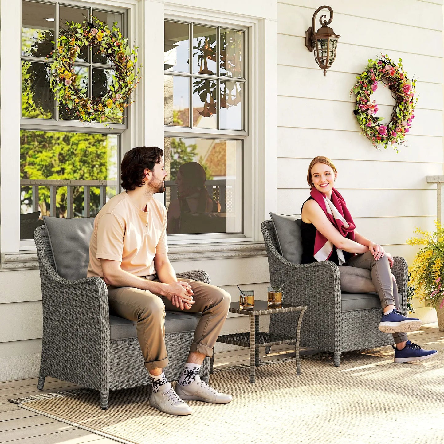 Set of 2 PE Rattan Garden Chairs with Cushions - High-Back Patio Armchairs