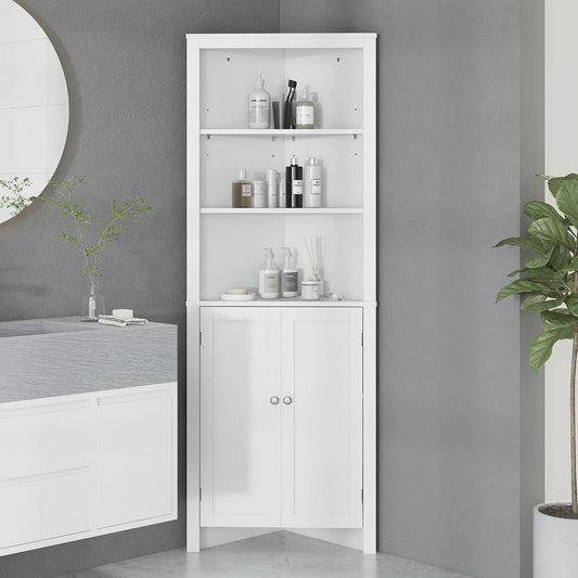 White Triangle Corner Bathroom Storage Unit with Cupboard and 3-Tier Shelves