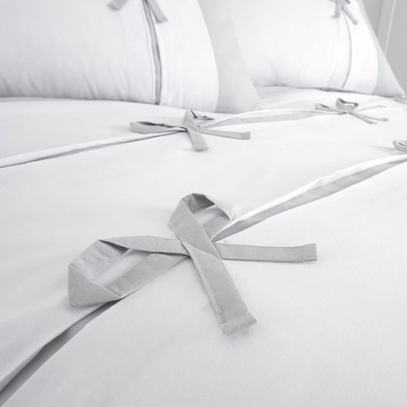 Milo Bow Pleated Detail White & Grey Duvet Cover Set by Catherine Lansfield