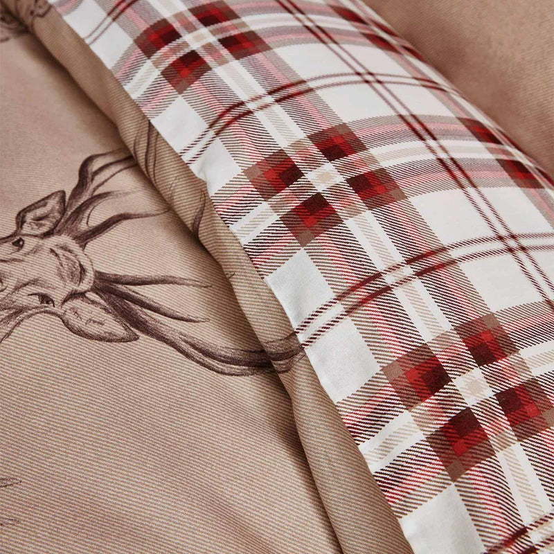 Stag Tartan Check Reversible Natural & Red Duvet Cover Set by Catherine Lansfield