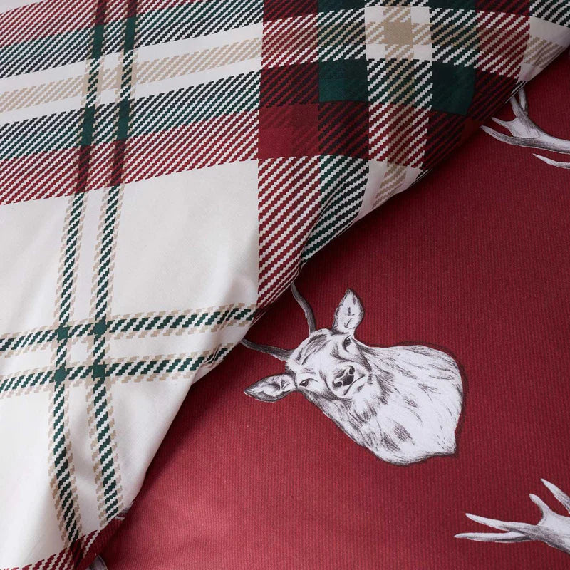 Munro Stag Tartan Check Reversible Red Duvet Cover Set by Catherine Lansfield