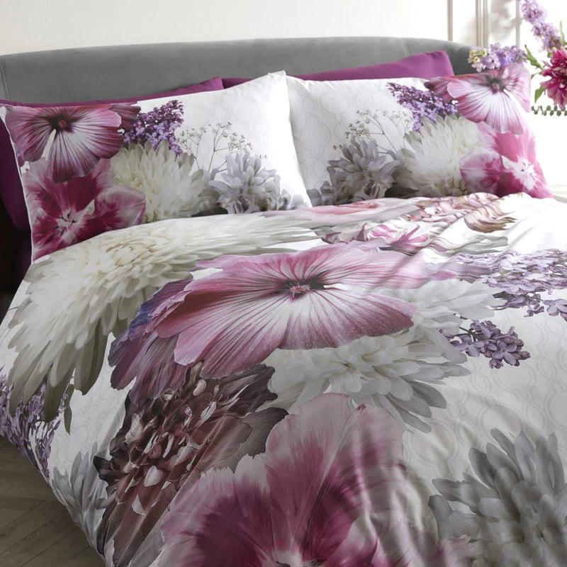 Mayfair Lady Floral Print 100% Cotton Purple Duvet Cover Set by Laurence Llewelyn-Bowen