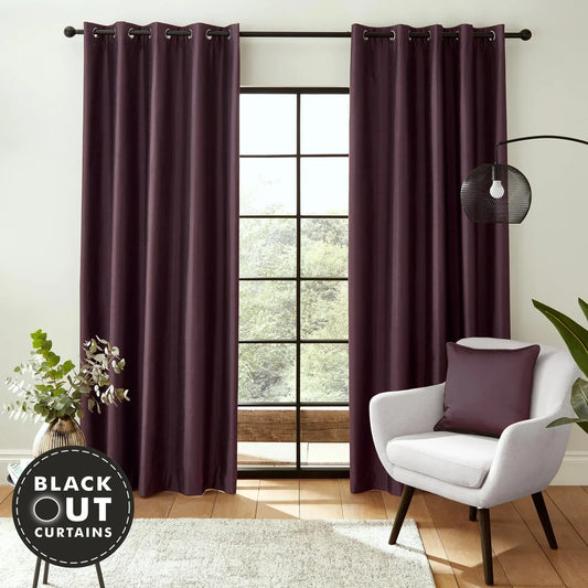 Aubergine Faux Silk Blackout Eyelet Curtains - Catherine Lansfield