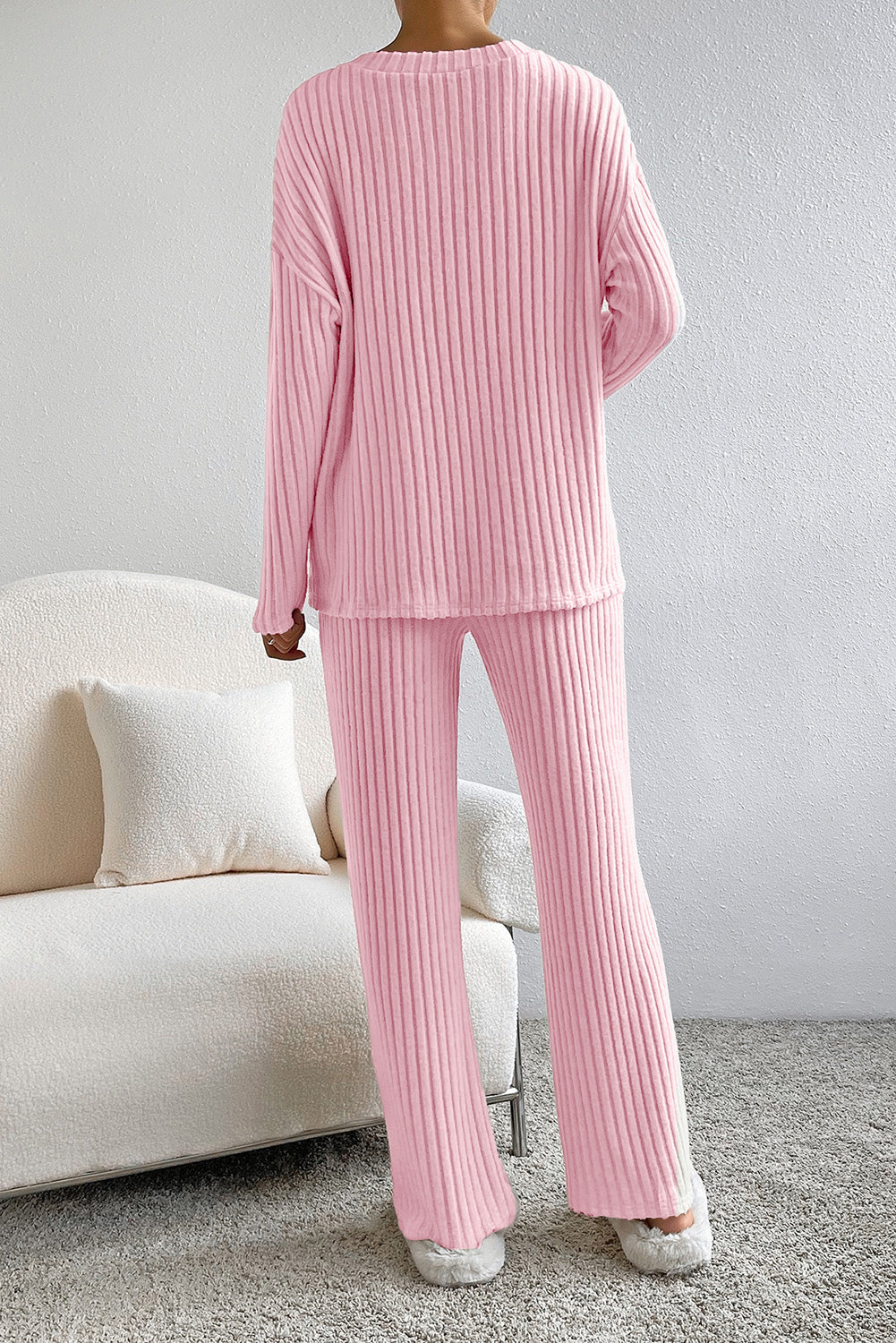 Slouchy Ribbed Knit V Neck Top & Pants Loungewear Set