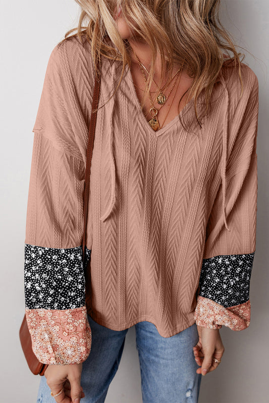 Floral Patchwork Textured Drawstring V Neck Top