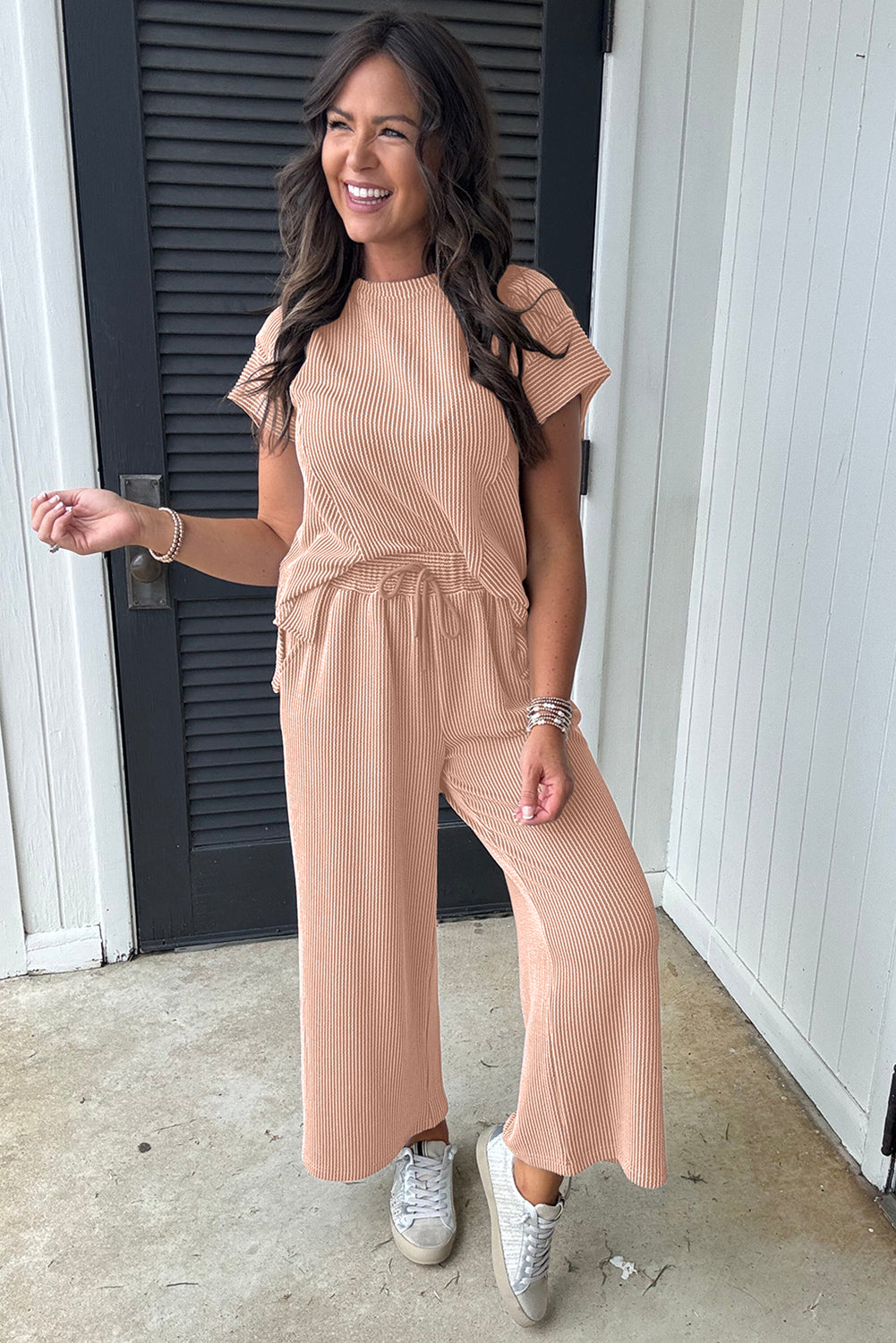 Solid Corded Short Sleeve T Shirt And Wide Leg Pants Set