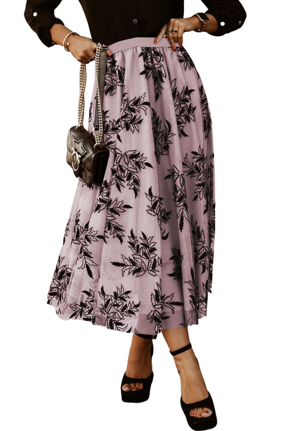 Peach Blossom Floral Leaves Embroidered High Waist Maxi Skirt