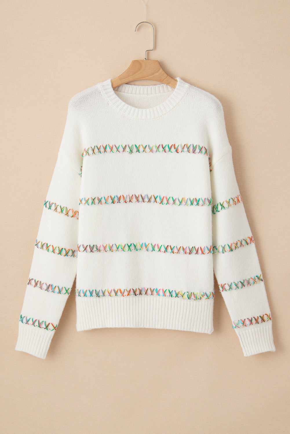 White Colourful Cross Stitch Drop Shoulder Sweater