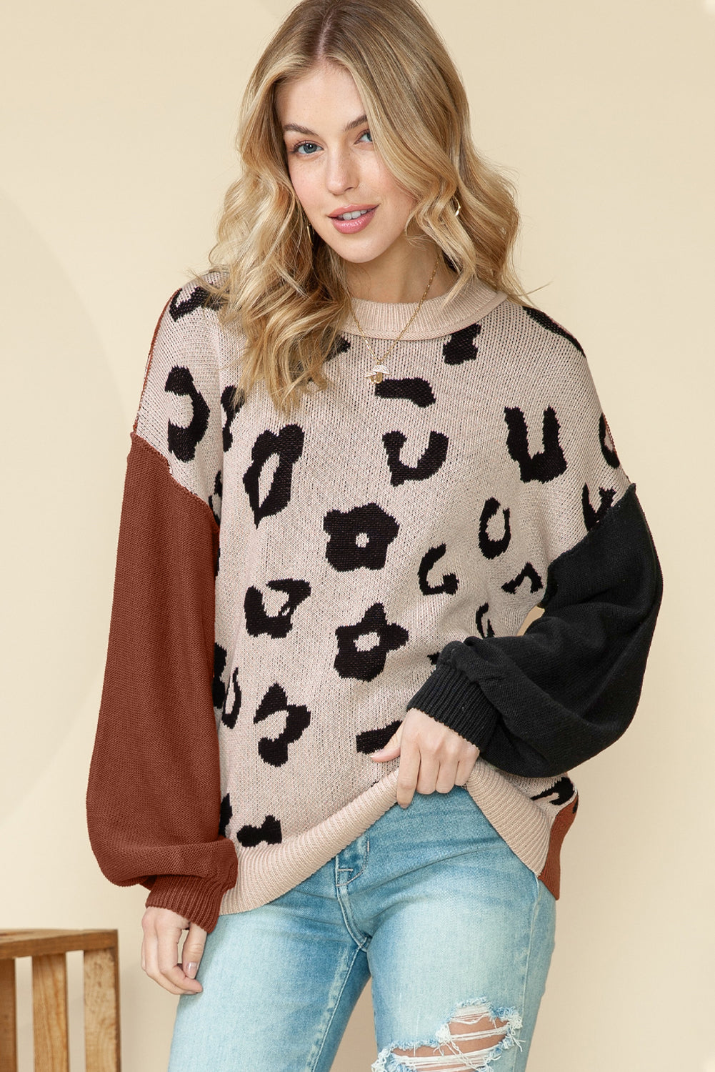 Coffee Leopard Print Patchwork Pullover Sweater