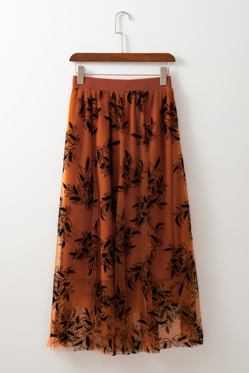 Peach Blossom Floral Leaves Embroidered High Waist Maxi Skirt