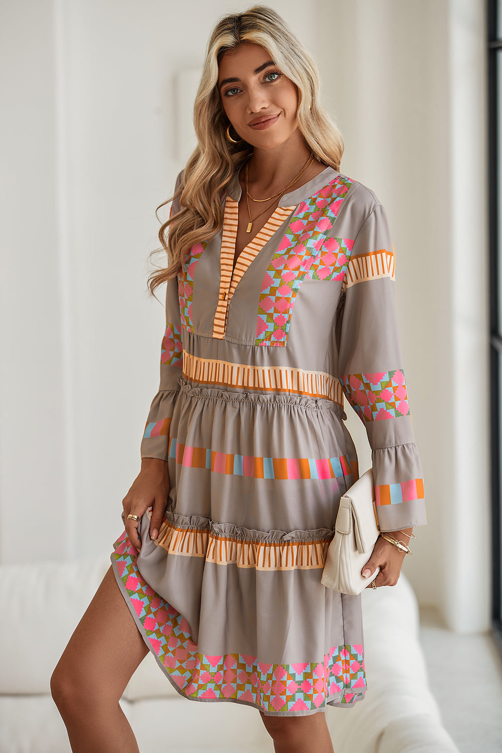 Simply Ethnic Geometric Print Ruffle Mini Dress