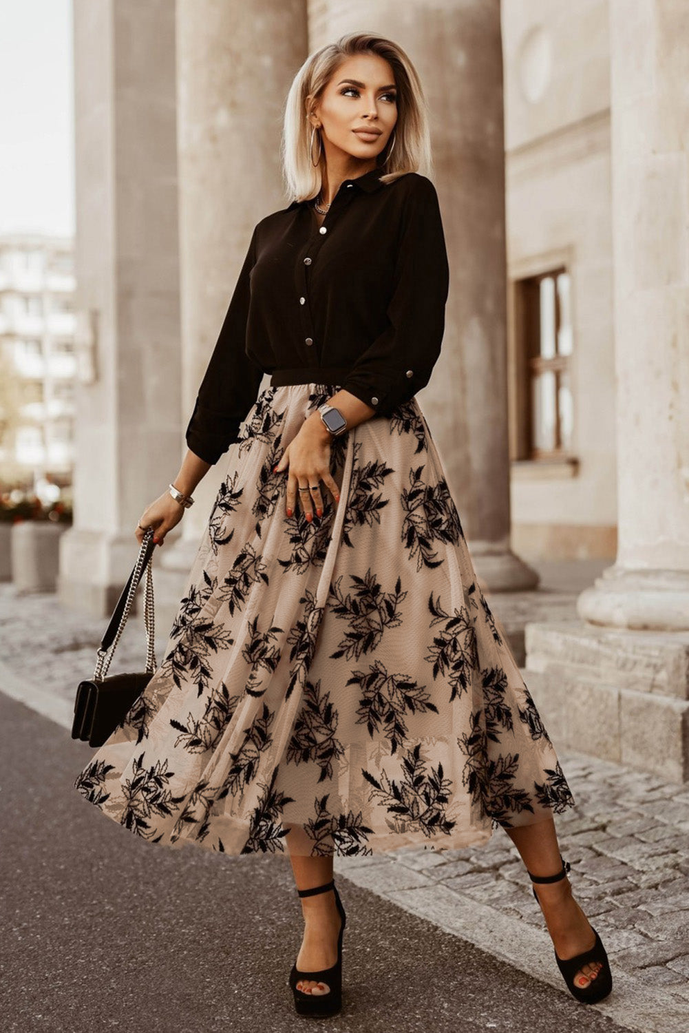 Peach Blossom Floral Leaves Embroidered High Waist Maxi Skirt