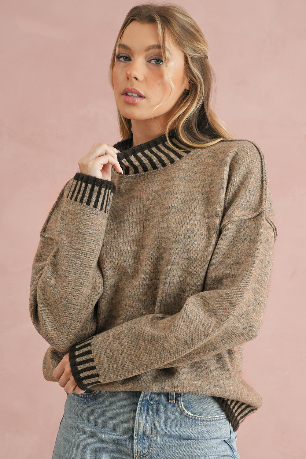 Pale Khaki Contrast Trim Mock Neck Drop Shoulder Sweater