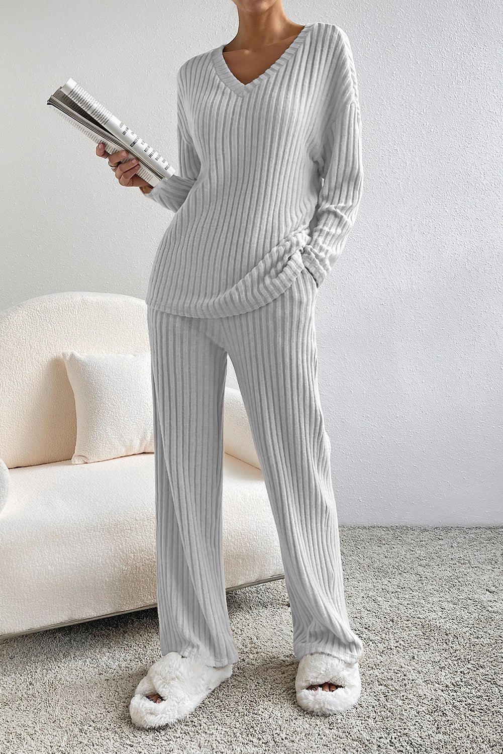 Slouchy Ribbed Knit V Neck Top & Pants Loungewear Set